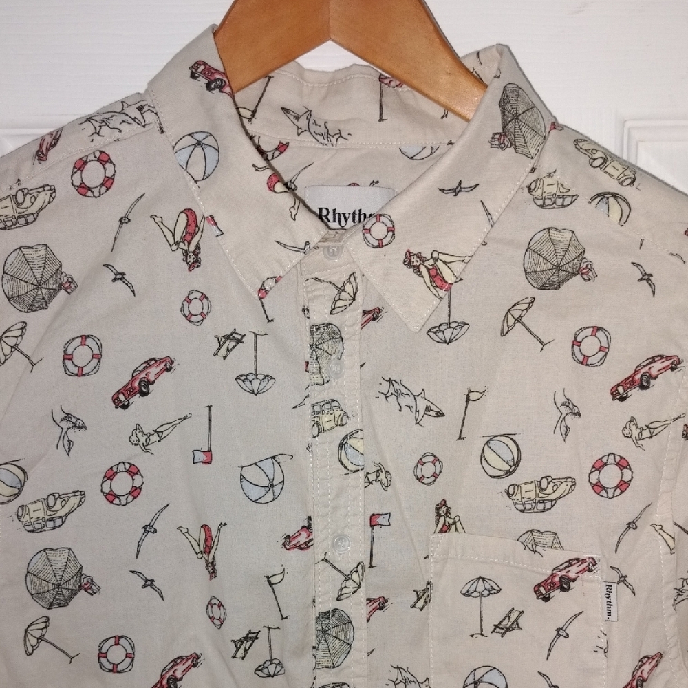 Rhythm Cream Beach Themed Button Down Shirt Sz M
